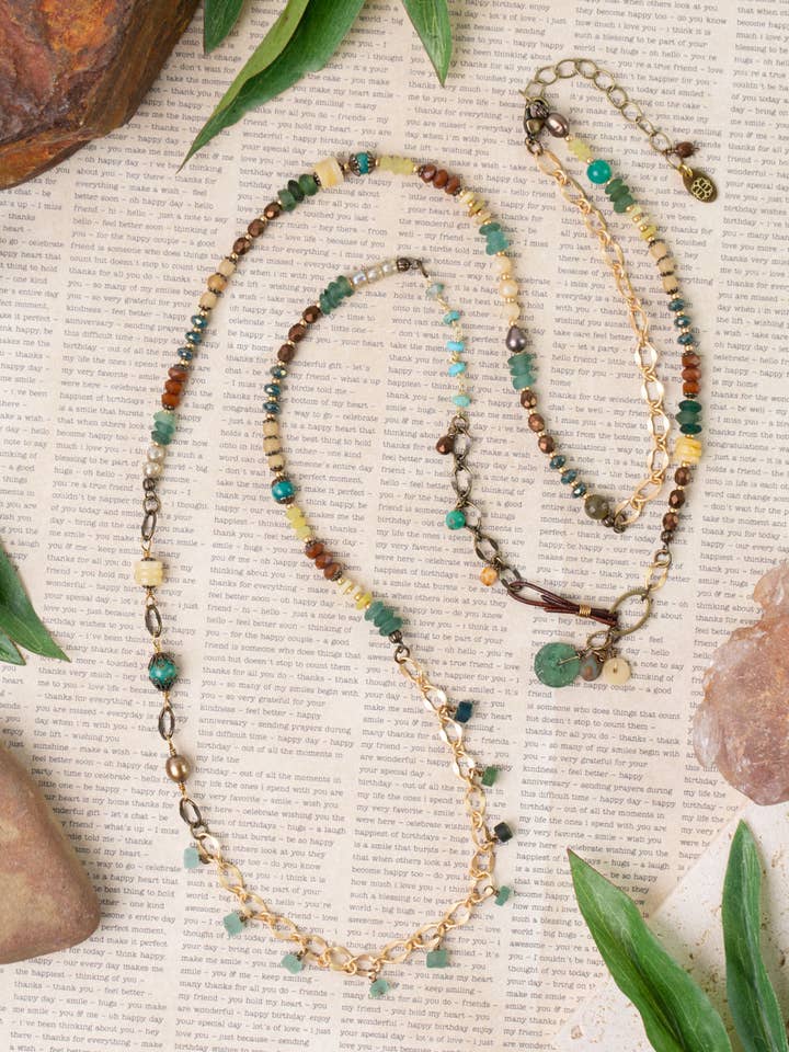 Atlas 37.5-39.5" Czech Glass, Roman Glass, Honey Opal Collage Necklace for wholesale by Anne Vaughan Designs Jewelry