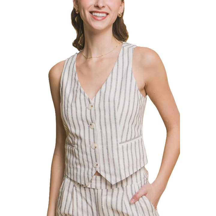 Effortless Chic Striped Linen Waistcoat for wholesale by Blue Bunny Inc