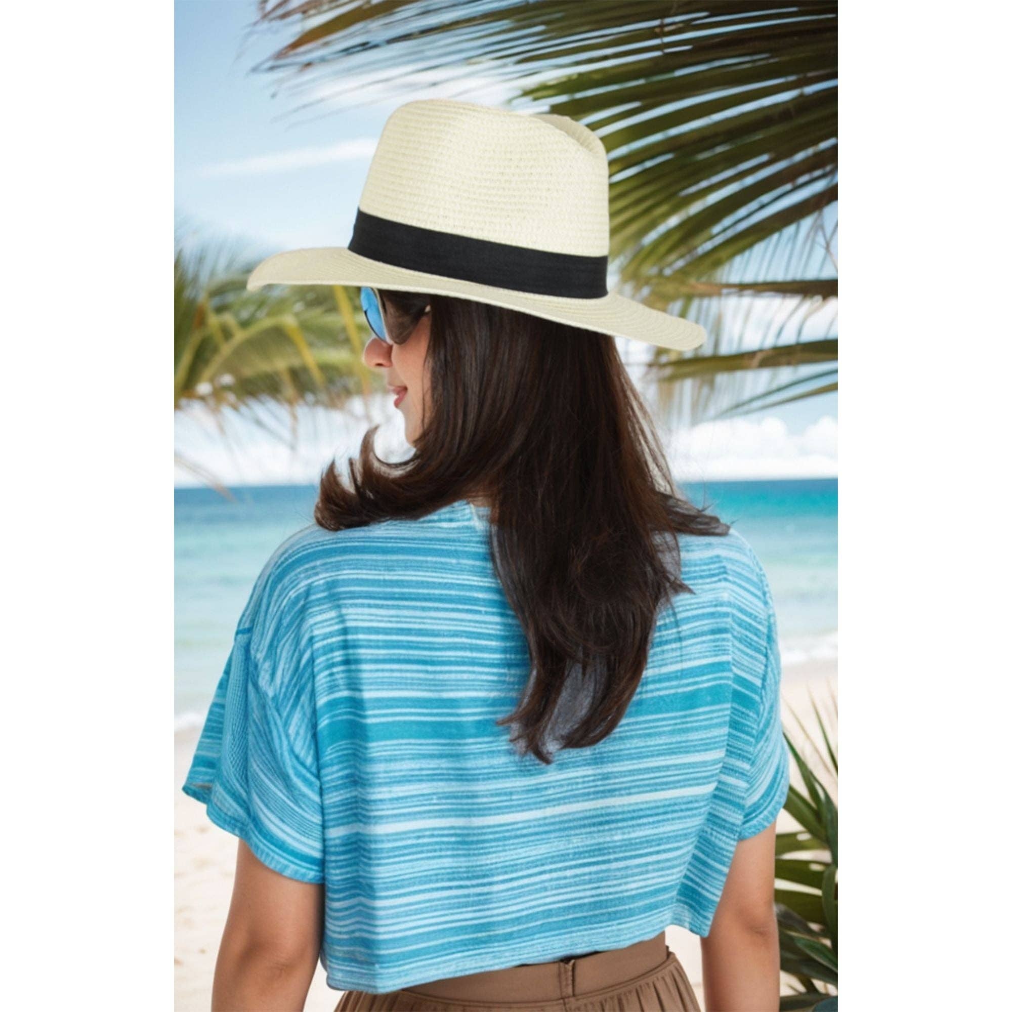 AK Brand - Wholesale Straw Hat - Women's - Wide Brim Straw Fedora Sun Hat Black Band Panama UV Hat17