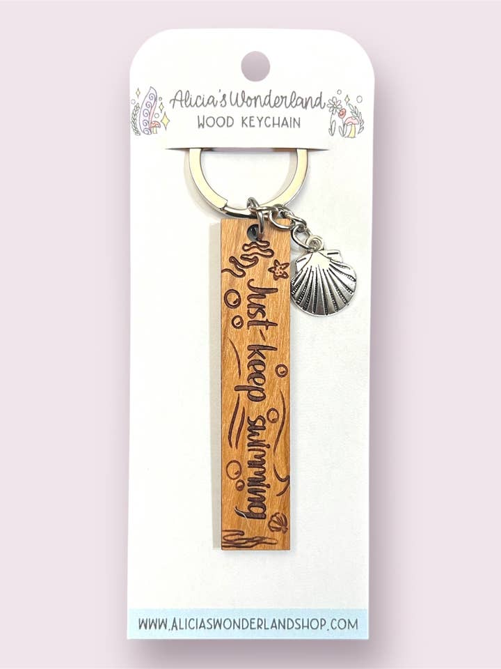 Just Keep Swimming Wood Keychain for wholesale by Alicia's Wonderland