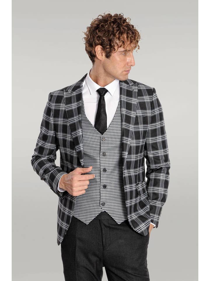 Black Plaid Patterned Vest Suit, White Shirt, and Black Tie Combination - Prestigious Business Style - Wessi for wholesale on Faire2
