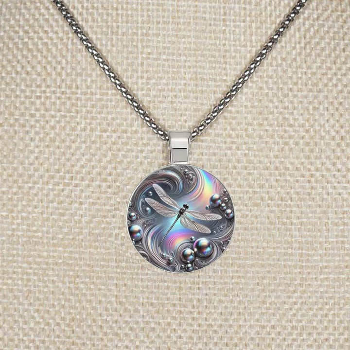 Intricate Highly Detailed Blue Holographic Dragonfly Boho Pendant, Stainless Steel Necklace, Length Choices for wholesale by Jewelry by Dawn