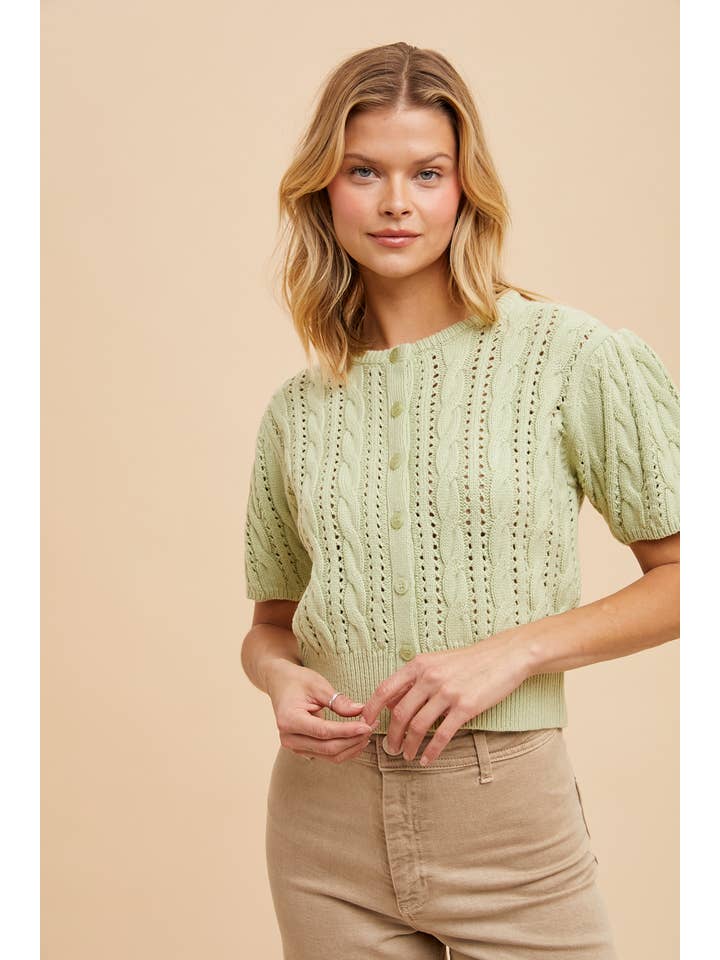 In Loom - Wholesale Cardigan - Women's - CABLE KNIT PUFF SLEEVE CARDIGAN