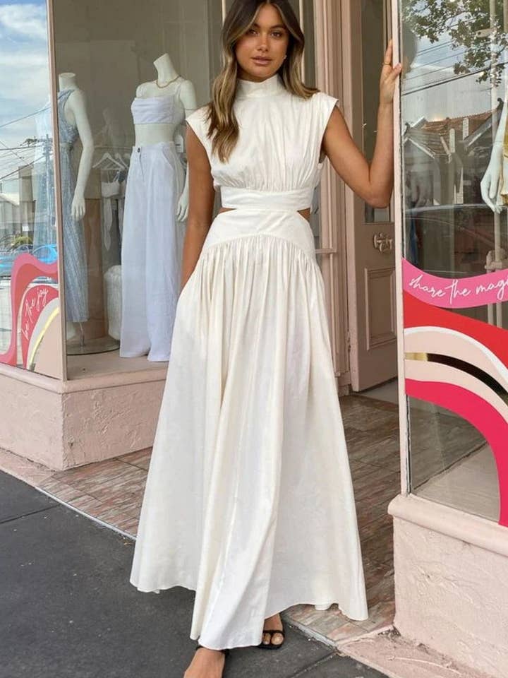 White CWDMD2847_SOLID COLOR WAIST-BARING DRESS WITH LARGE SKIRT for wholesale on Faire1