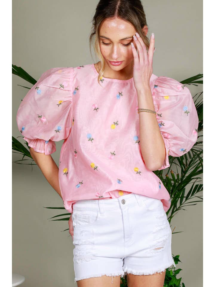 Vine & Love - Wholesale Blouse - Women's - Floral Embroidered Round Neck Organza Blouse Top VT82255-1