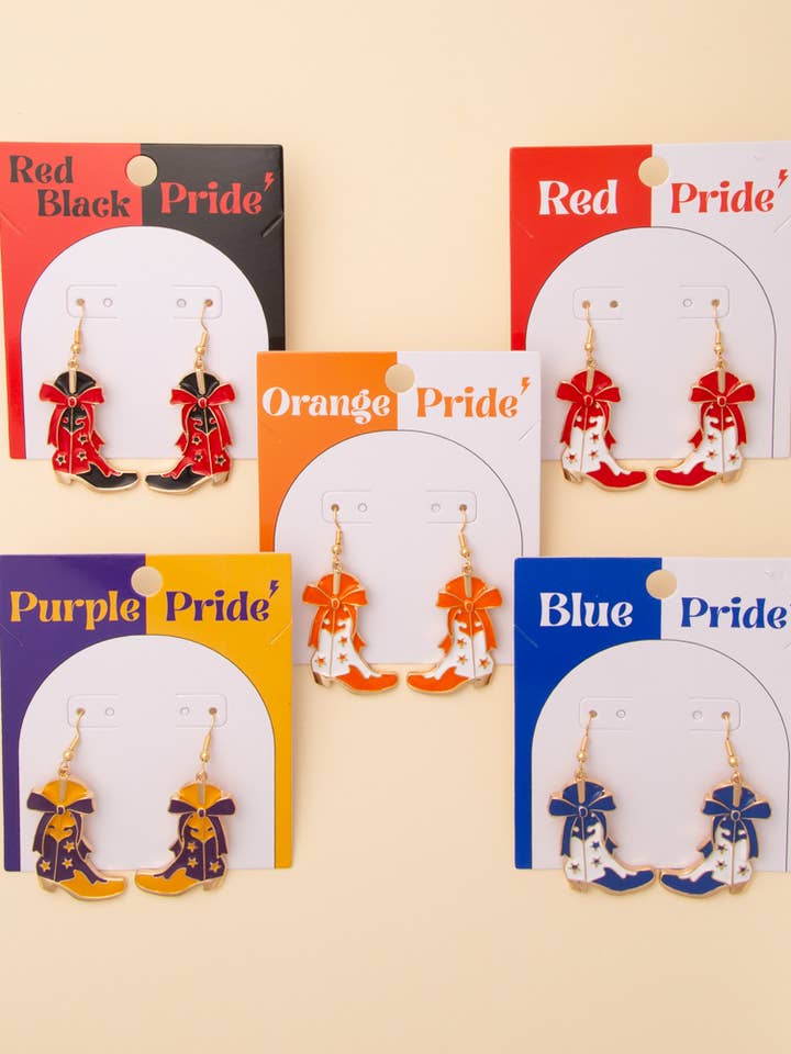 Game Day Western Two-Tone Enamel Cowboy Boot Dangle Earrings for wholesale by SP Sophia Collection