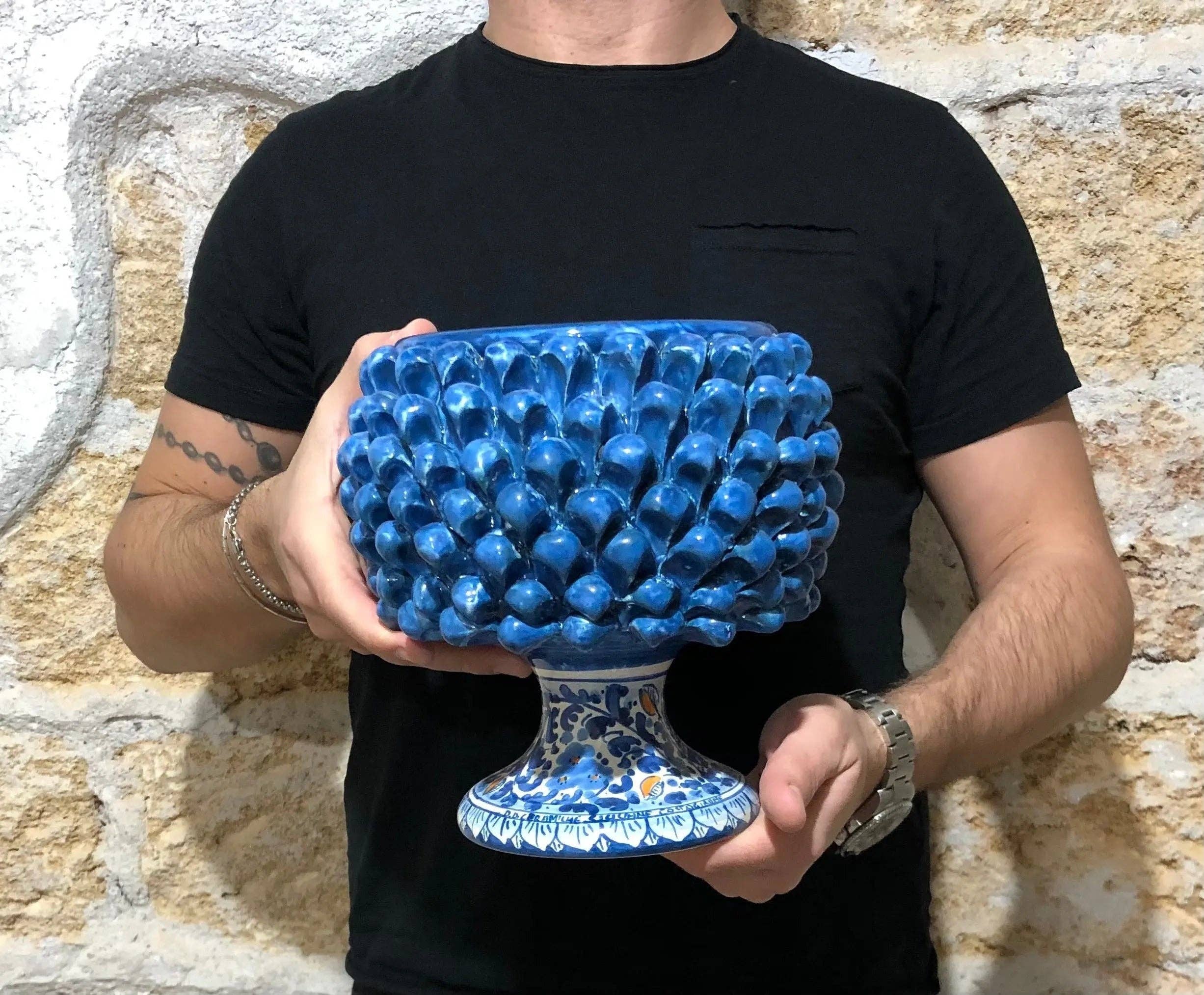 DD Ceramiche Siciliane - Wholesale Decorative Plate/Dish/Bowl - Half Pinecone Ceramic Caltagirone cm H.20 L.20 Handmade Antique Blue Decorated Base5