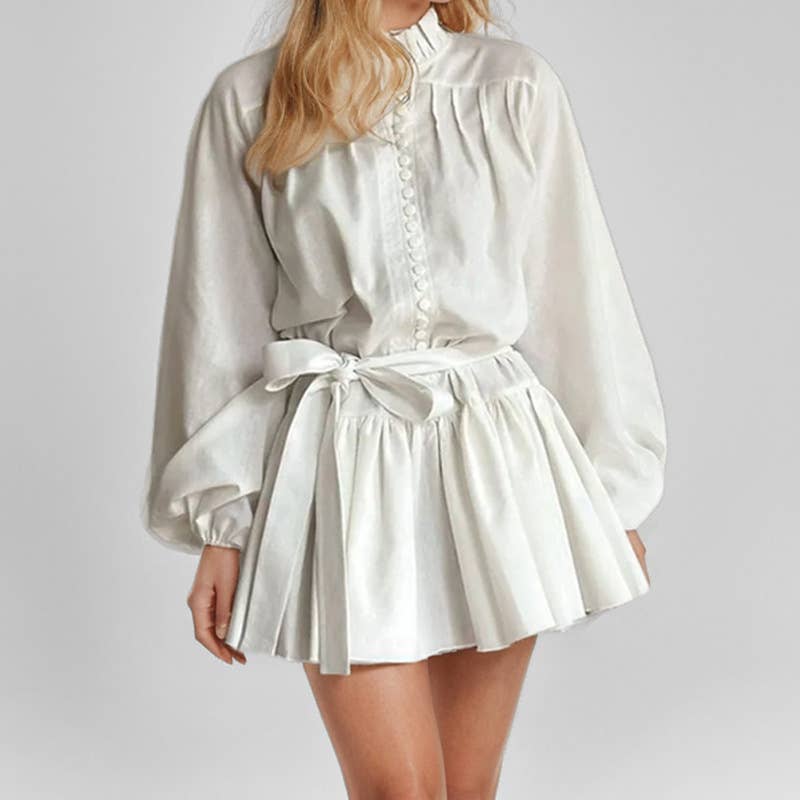 ElevateWell - Vente Robe – femme - Robe mi-longue décontractée à col montant, manches lanterne et ceinture.5