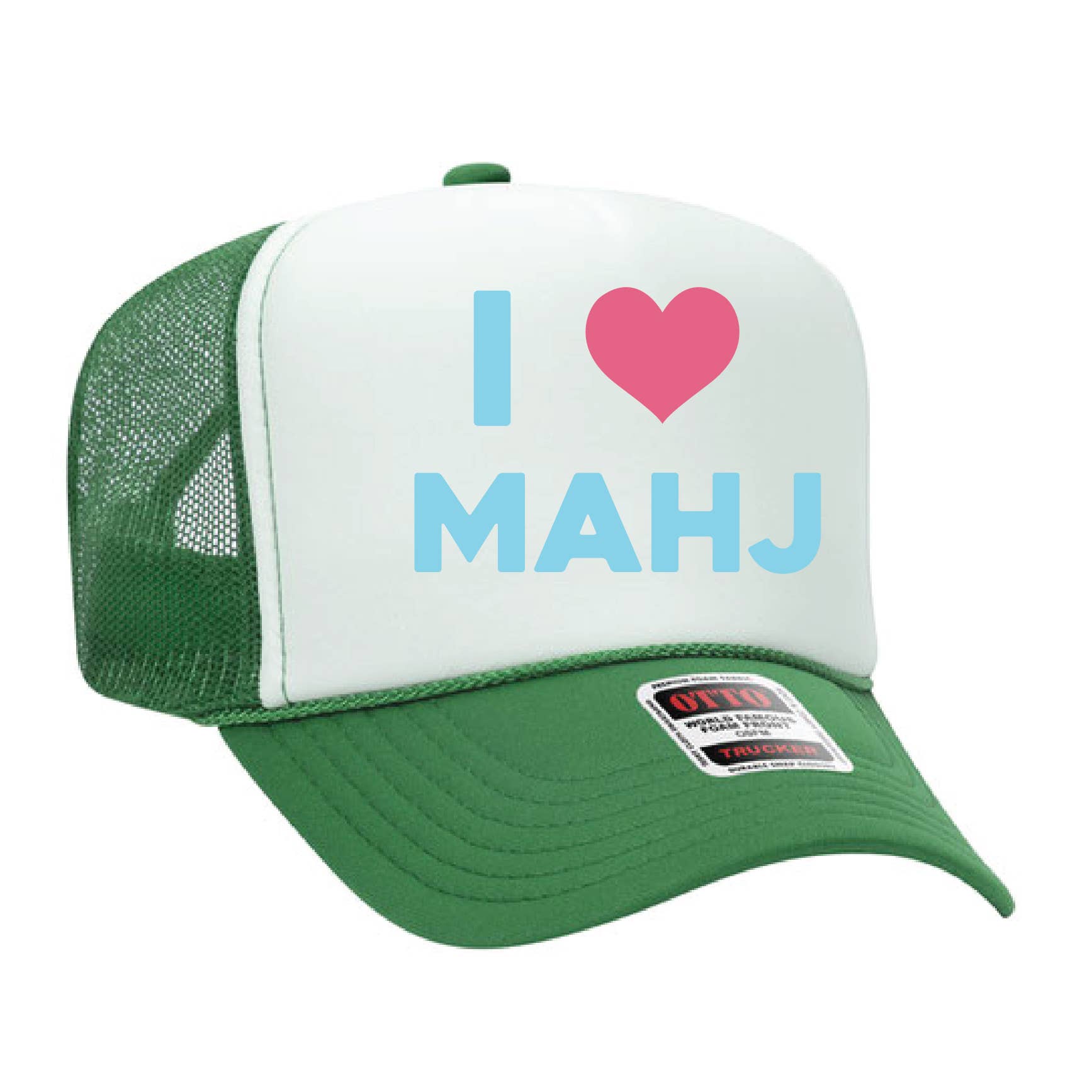 Palisades Gift Shop – wholesale Trucker hat – Unisex – I heart Mahj Trucker Hat Green and White Combo1