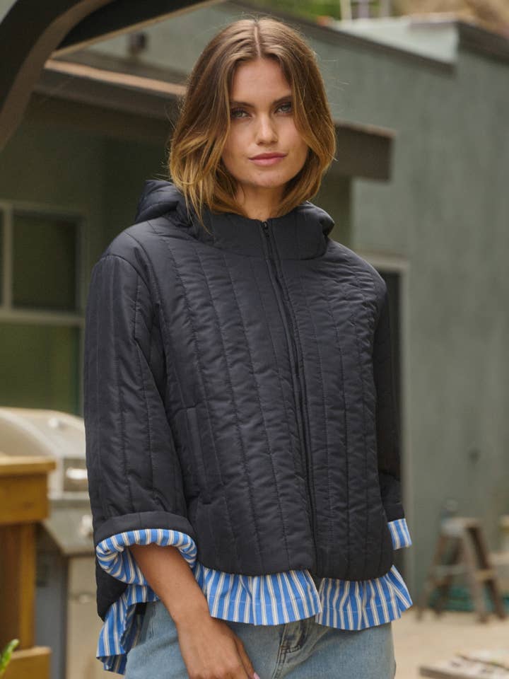 Black Quilted Puffed Hood Jacket for wholesale on Faire0