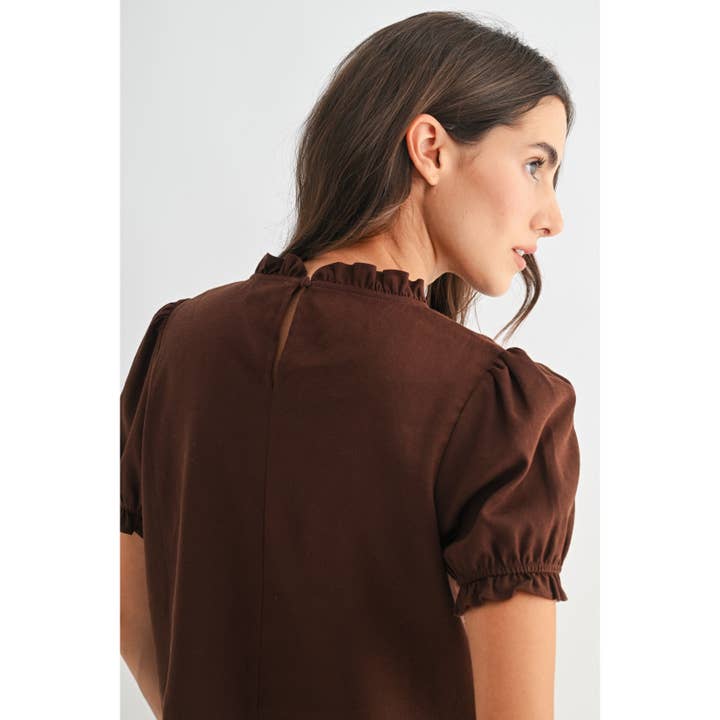 MOCHA BROWN EMBROIDERED EYELET BLOUSE WITH PUFF SLEEVES for wholesale on Faire5