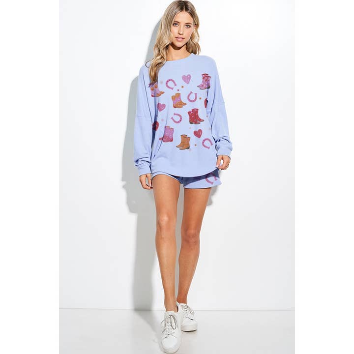 Phil Love – Conjunto de top e calça (roupa NÃO Casual) - Mulher por atacado – Conjunto de calções curtos de lounge com estampa de coração e botas de cowgirl13