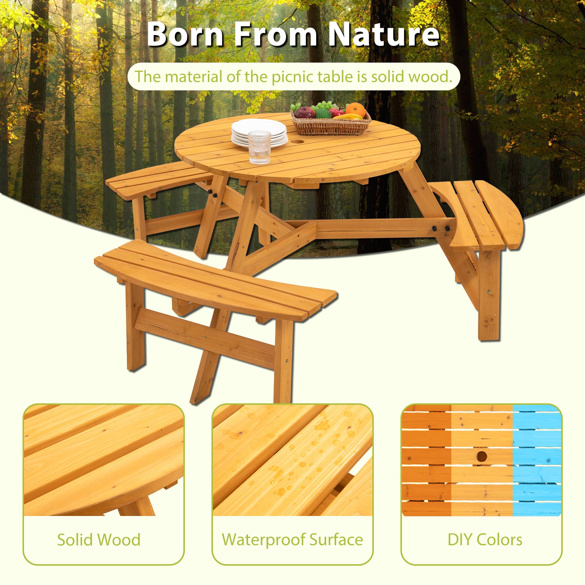 39F Inc. - Wholesale Patio Set - 6-Person Outdoor Wooden Picnic Table with Benches–Brown/Natu5