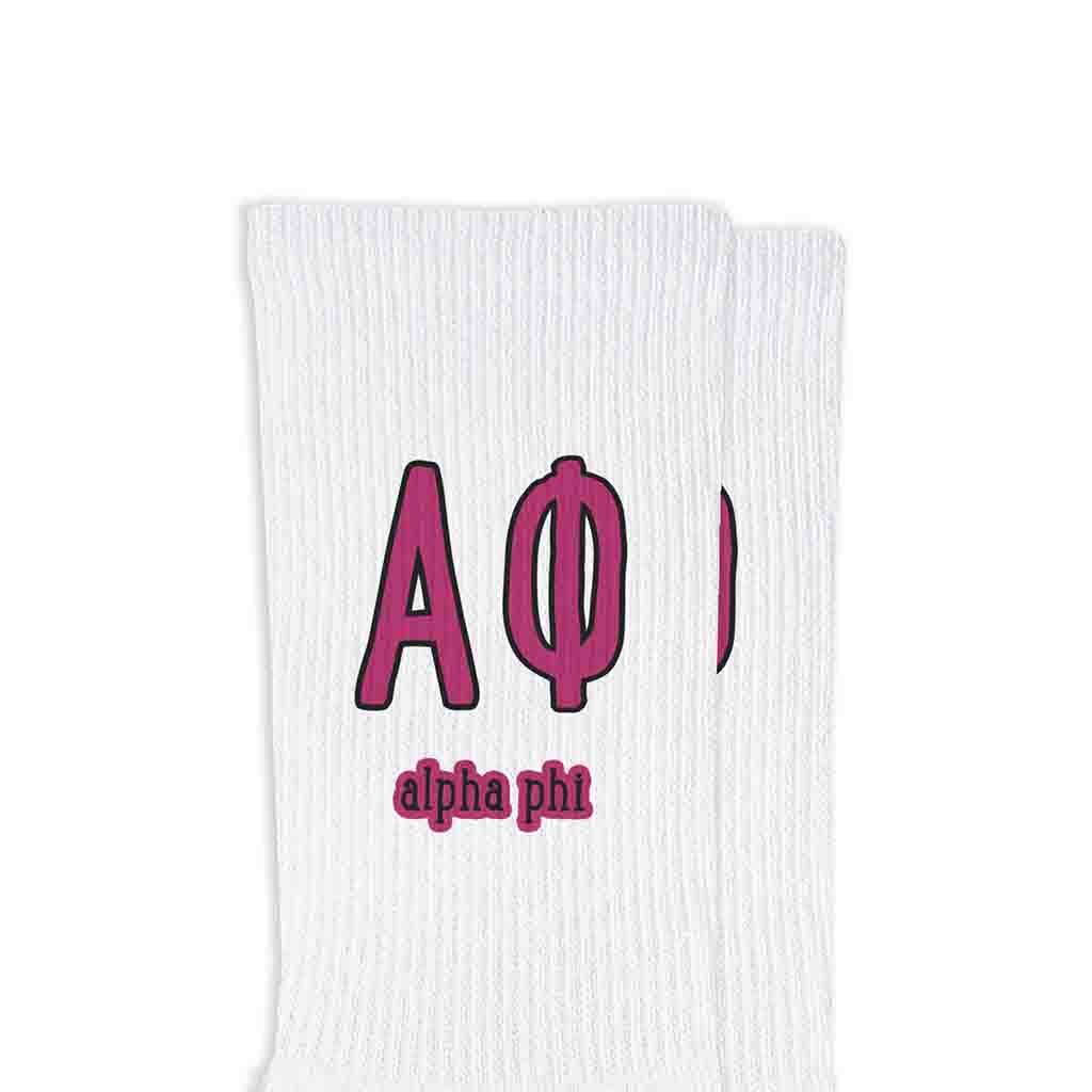 White Sorority Crew Socks with Name and Letters in Sorority Colors for wholesale on Faire28