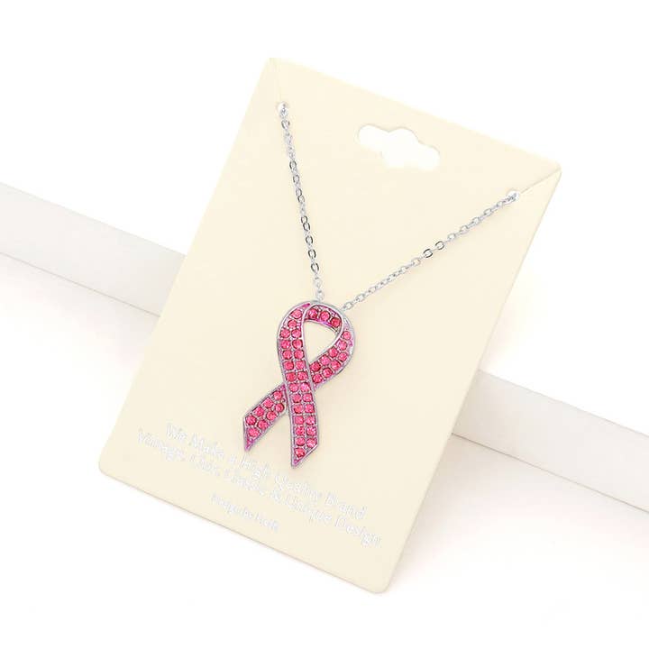 Rhinestone Embellished Metal Pink Ribbon Pendant Necklace for wholesale by Sensibling Corp.