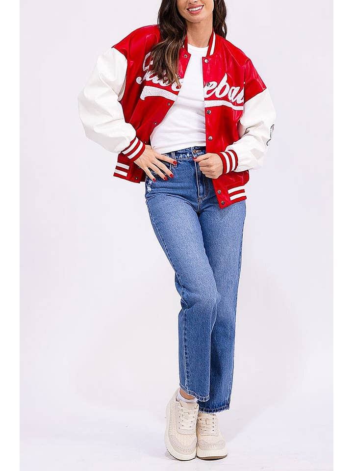 ROUSSEAU - Wholesale Varsity/Baseball Jacket - Women's - BUTTON FRONT POCKETS PU PLEATHER VARSITY JACKET5
