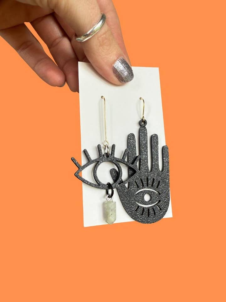 Mismatched Evil Eye Earrings with Labradorite Charm for wholesale by Pineapple Phi