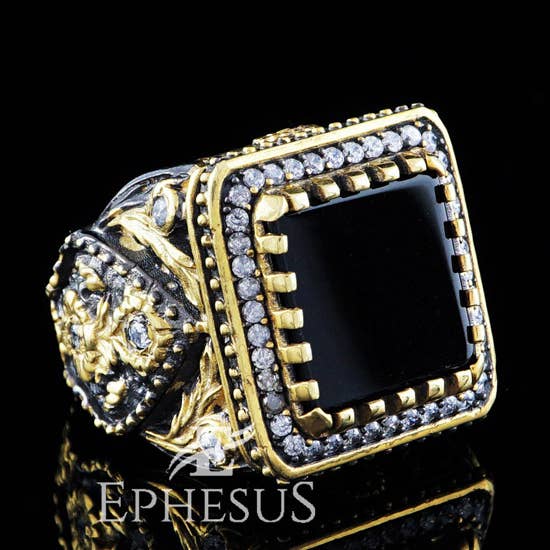 Onyx Statement Ring Hand Engraved Sterling Silver for wholesale by Ephesus Jewelry