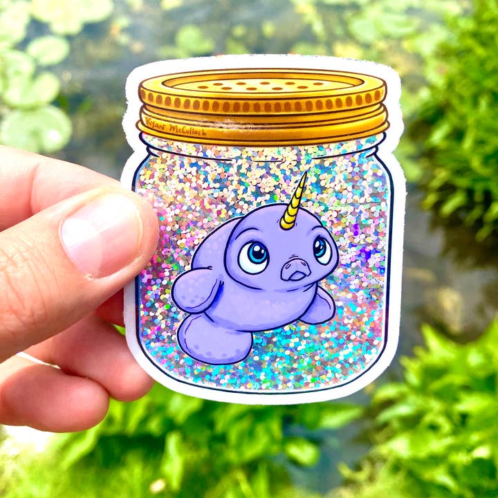 Ryan McCulloch Art - Wholesale Sticker - GLITTER STICKER: Magical Pet Unicorn-Manatee In A Jar
