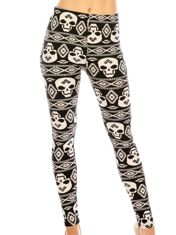 White Skulls HALLOWEEN Print Black Plus Size CURVY Leggings for wholesale by Love 4 Leggings