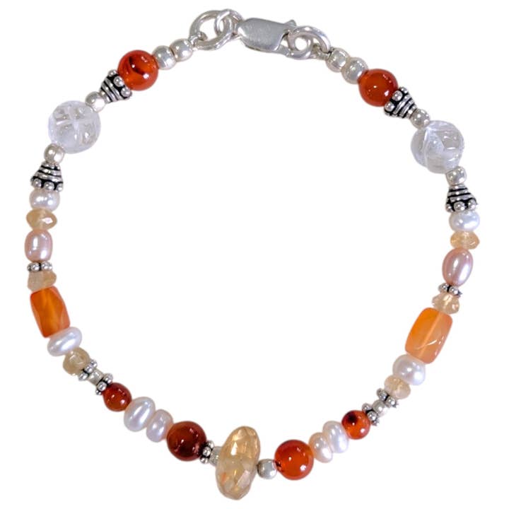 SALE Carnelian/Citrine/Pearl/Quartz Sterling Beaded Bracelet for wholesale by Saraswati Imports