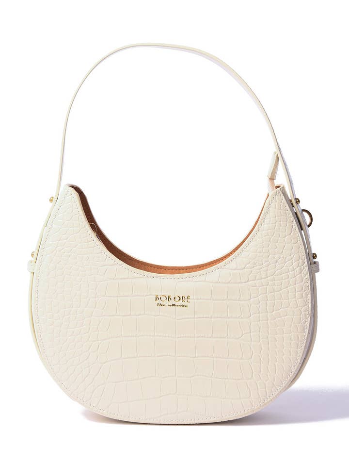 Borsa Naomi Moon in pelle goffrata coccodrillo, Bianco per la vendita all'ingrosso da parte di Bob Ore Blue Collection