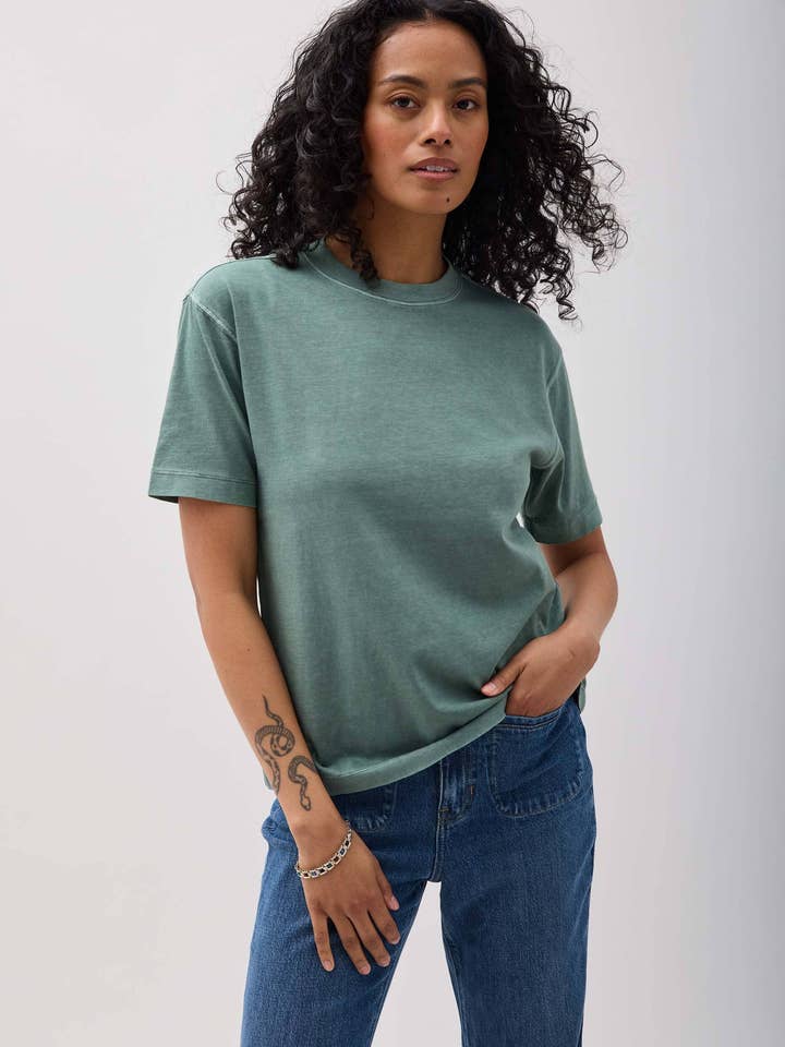 Womens Relaxed Everyday Tee - Pigment Dye Jersey - Sage Leaf for wholesale by Andie Swim