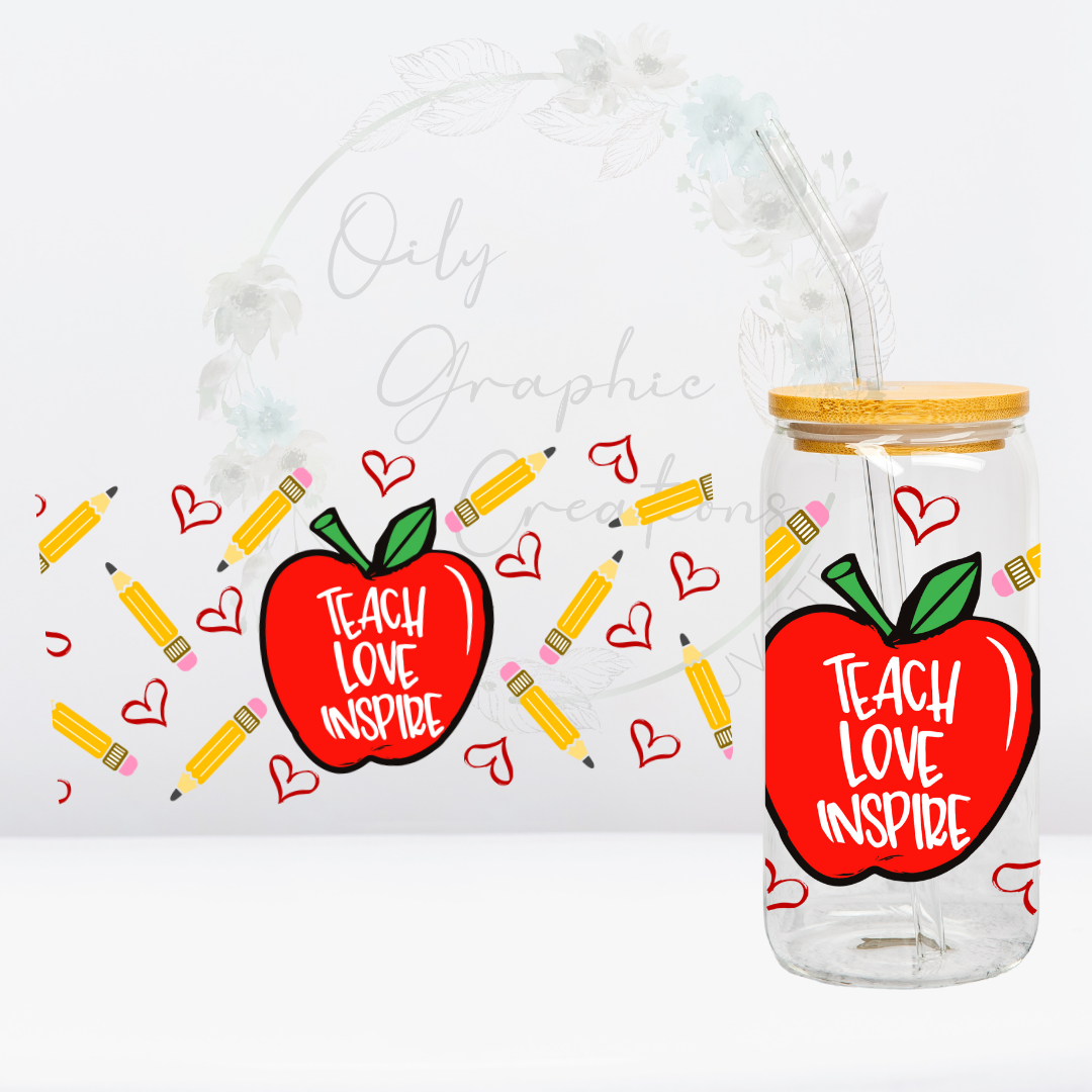 Oily Graphic Creations - Wholesale Sublimation Transfer - Teach Love Inspire Apple-16oz UV DTF Wrap0