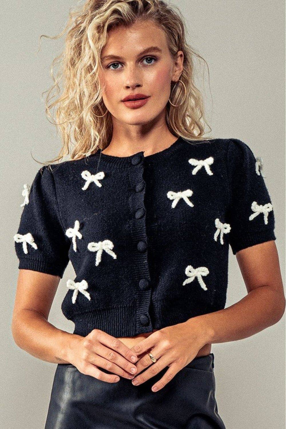 Dipped Shop – Cardigan - Mulher por atacado – Cardigan de Malha com Laços e Mangas Curtas Doces DPT2515034