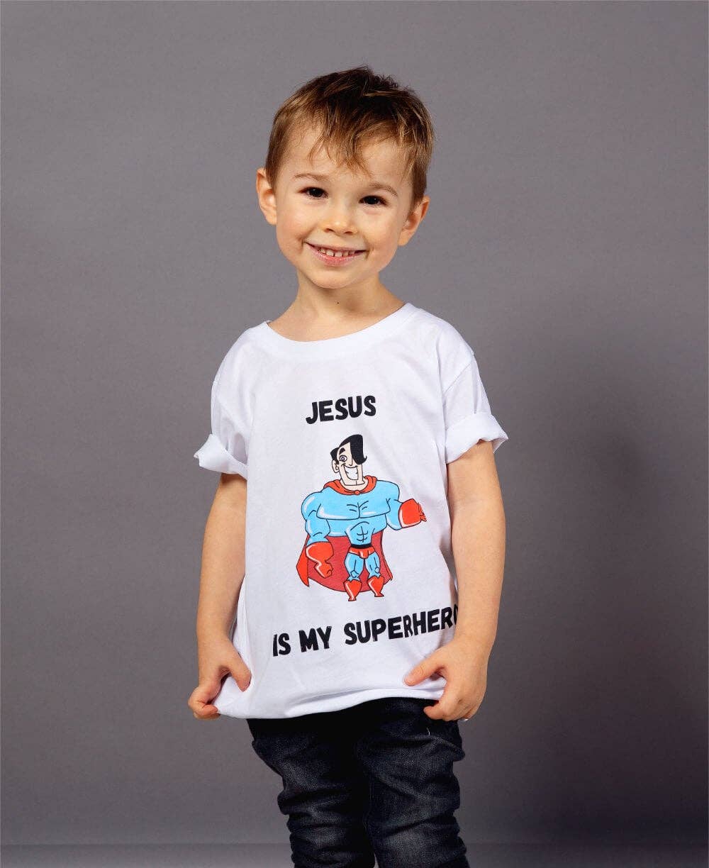 Fearless - Clothed in strenght and dignity - Wholesale Screen Printed T-Shirt - Kids - Jesus Is My Superhero T-Shirt White1