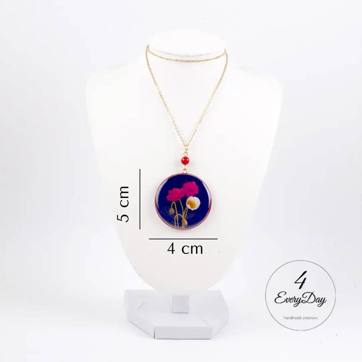4everyday Handmade - Vendita all'ingrosso Collana con ciondolo/pendaglio - Medaglione artigianale in legno e resina Papaveri1