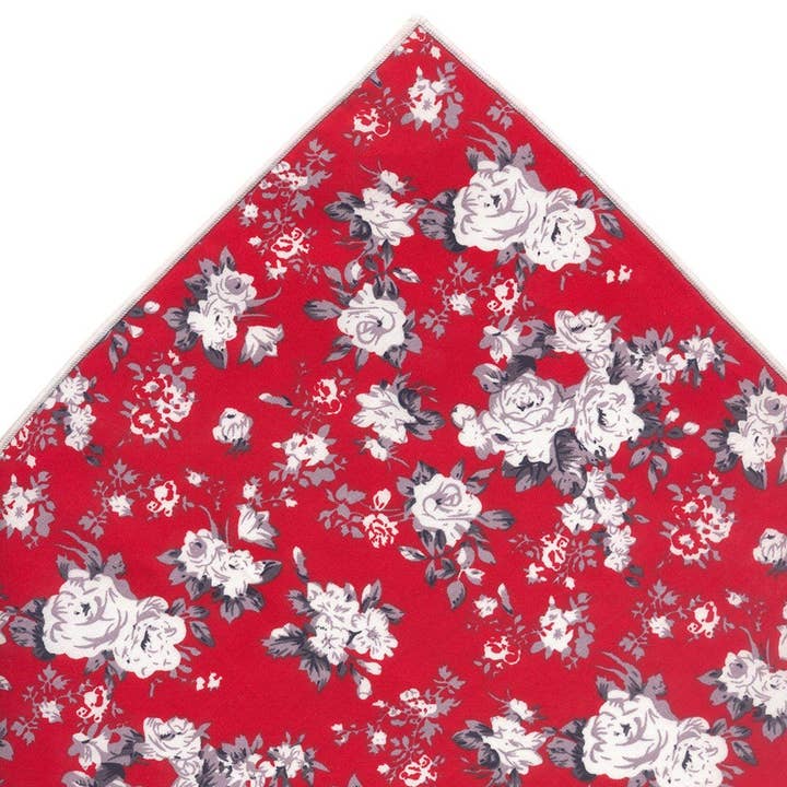 Josvil - Wholesale Handkerchief - Men's - RED COTTON POCKET HANDKERCHIEF WHITE FLOWERS