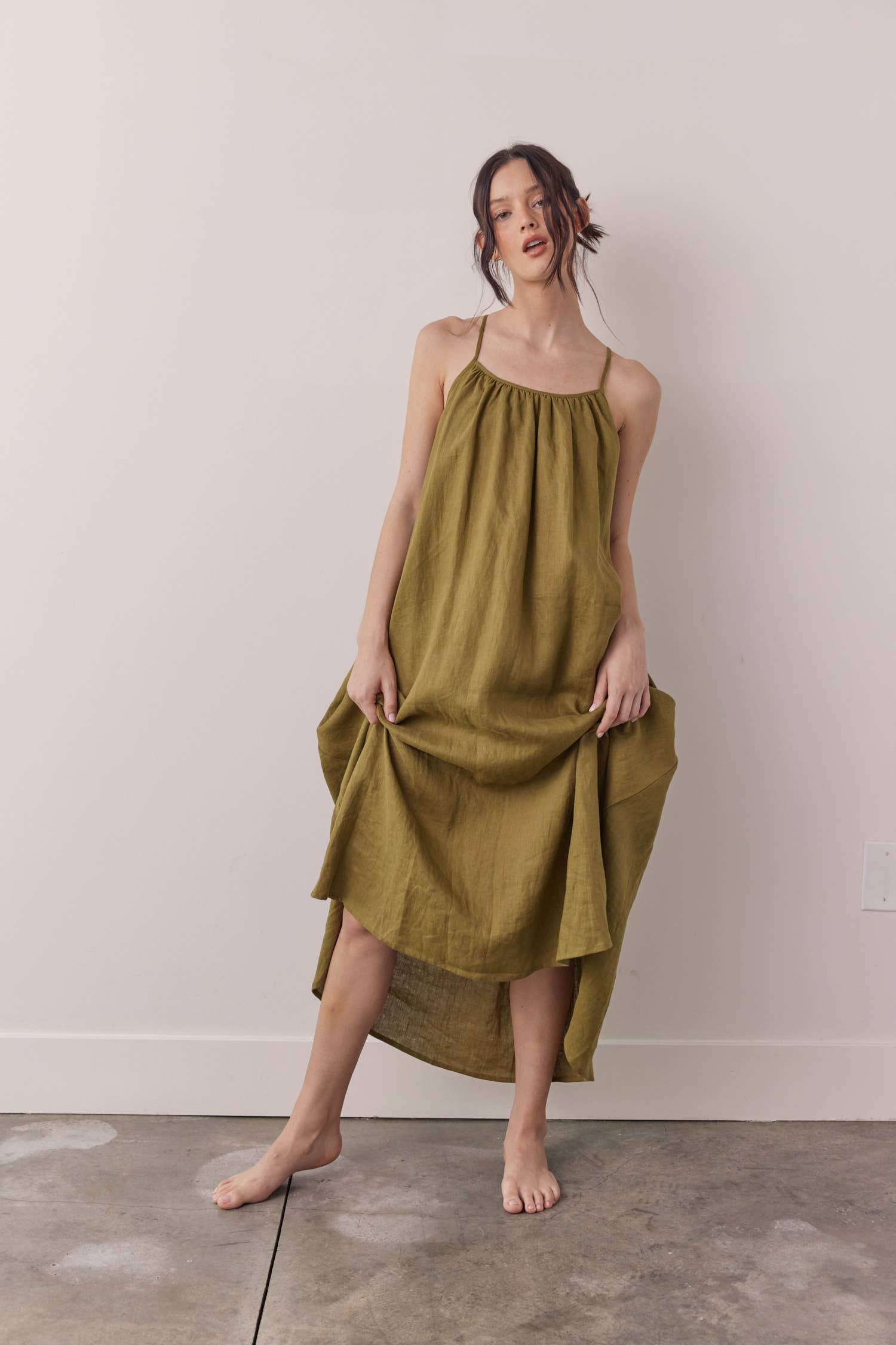M Green Linen back tie ankle dress for wholesale on Faire2