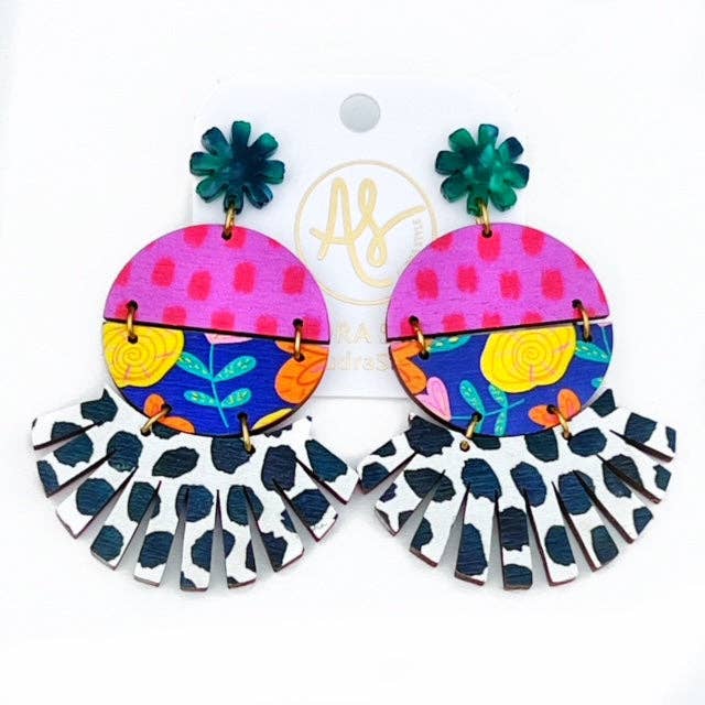 Roxie - Boucles d'oreilles à imprimé floral tulipe marine à pois noirs pour la vente par Audra Style