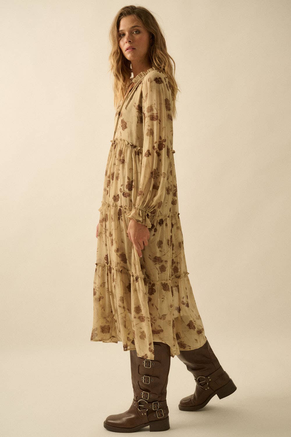 Sand Floral Chiffon Tiered Ruffle Midi Prairie Dress for wholesale on Faire7