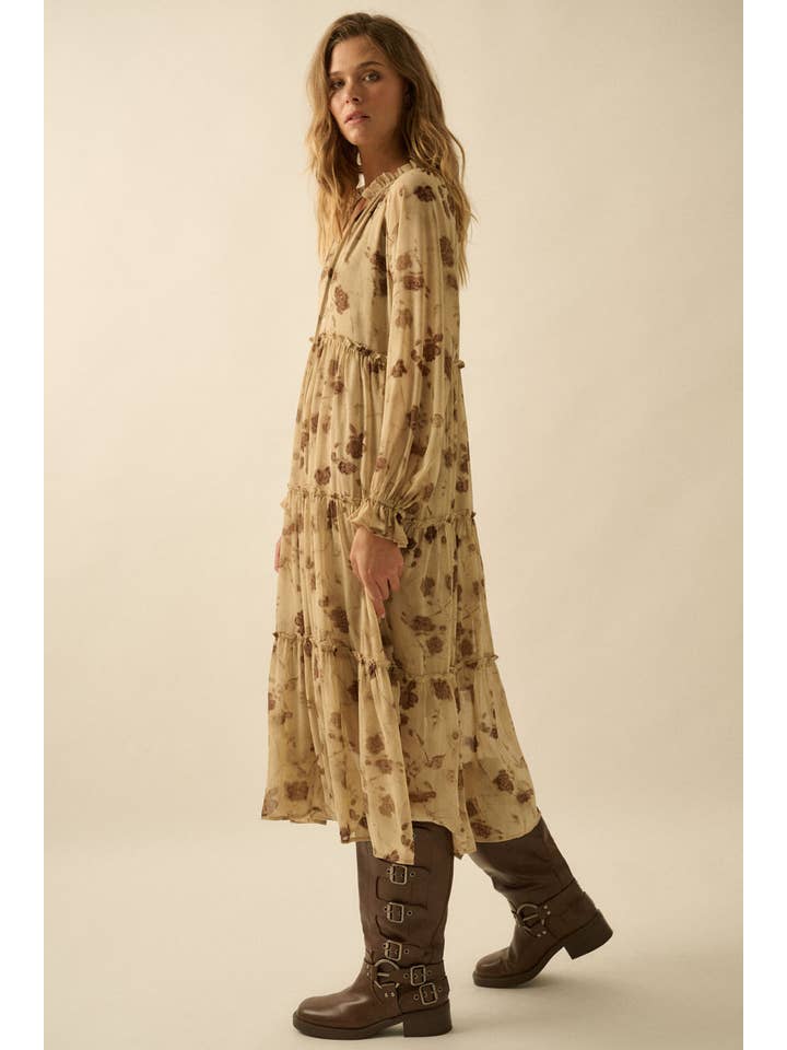 Sand Floral Chiffon Tiered Ruffle Midi Prairie Dress for wholesale on Faire7
