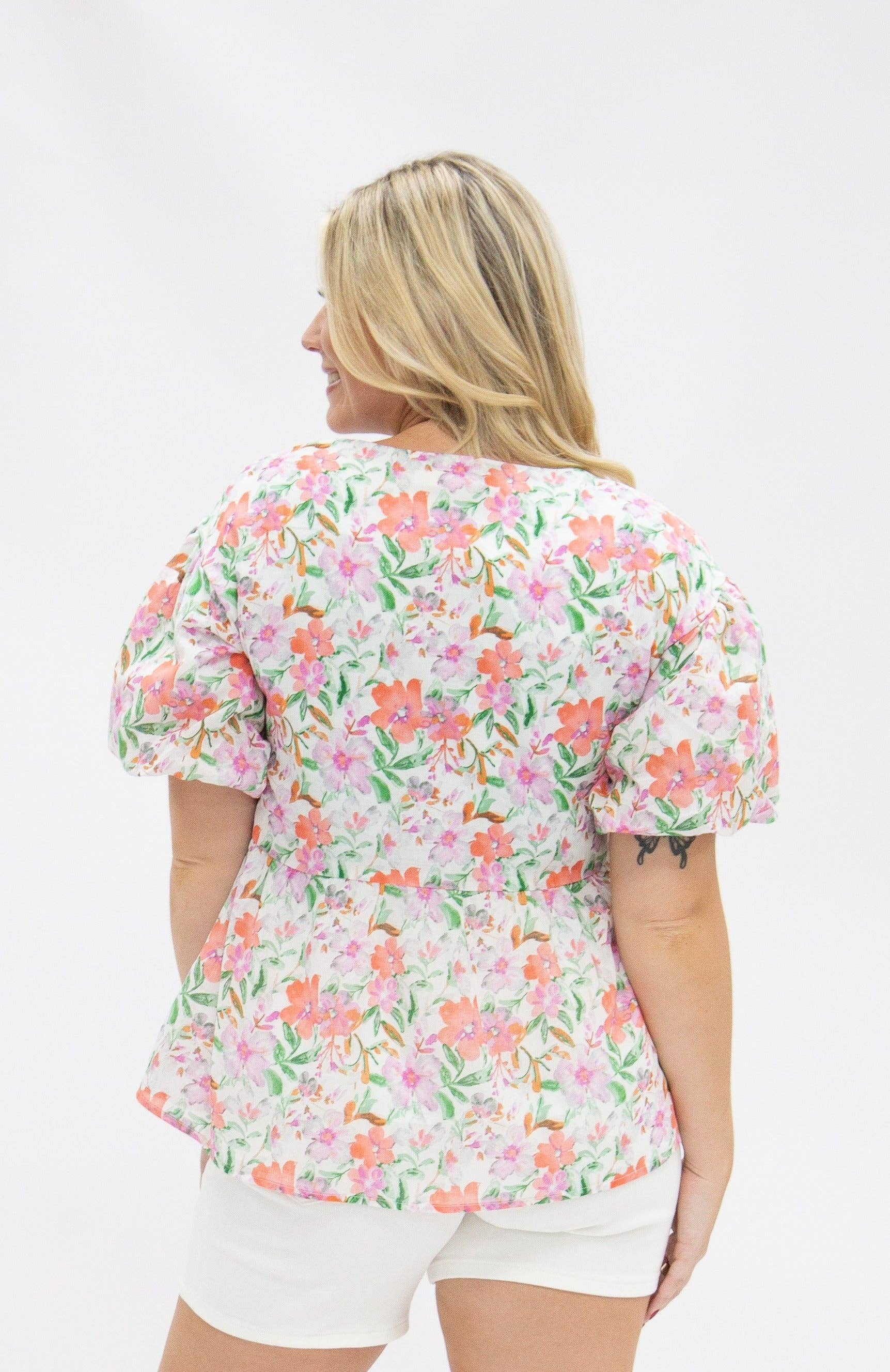 Floral Puff Sleeve Blouse, Watercolor Flowers for wholesale on Faire5