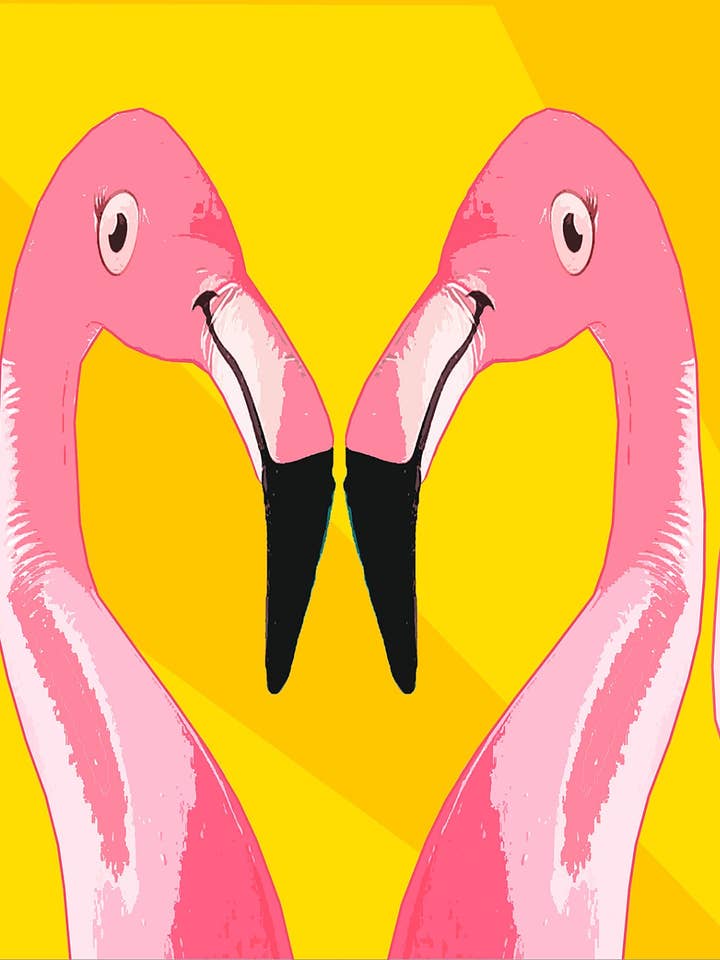 Impression pop art Flamingo Sunshine réalisée par des girafes et des robots pour la vente par Giraffes and Robots Pop Art Studio
