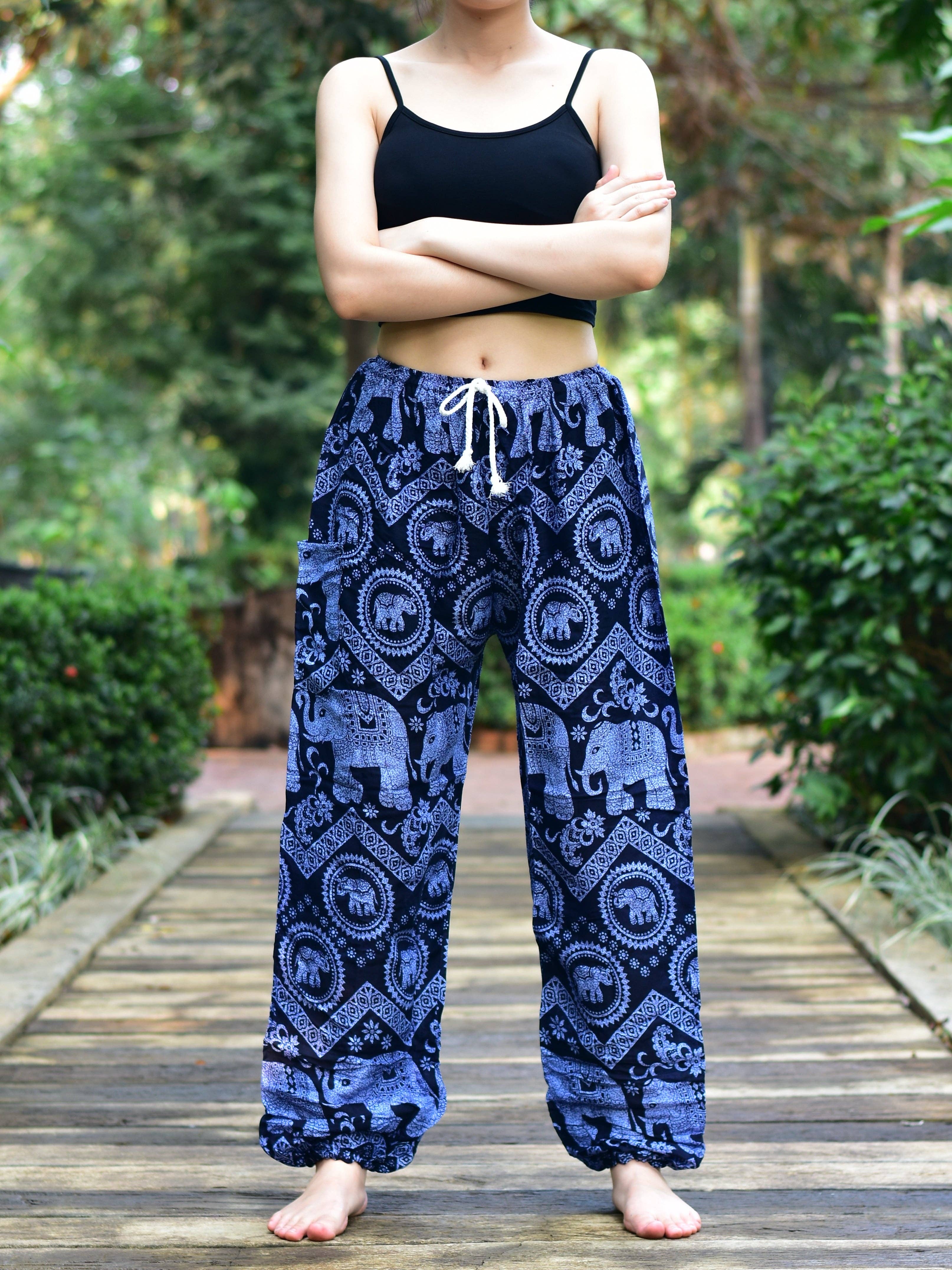 Bohotusk Blue Elephant Tusker Print Womens Harem Pants Tie Waist S/M to 3XL for wholesale on Faire0