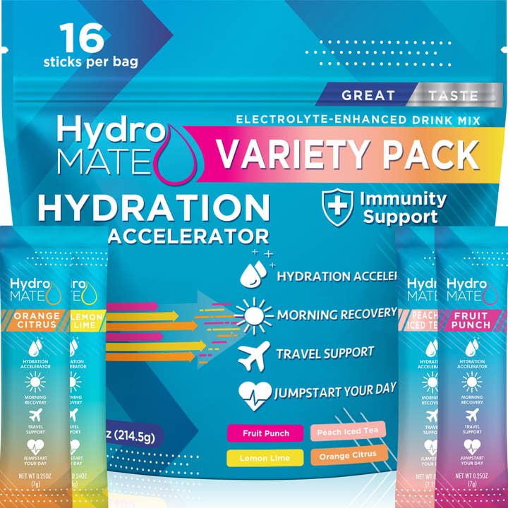HydroMate – Engroshandel Pulver til sunhedsdrik – HydroMate Elektrolyt Pulver Variety Pack (16 pinde)