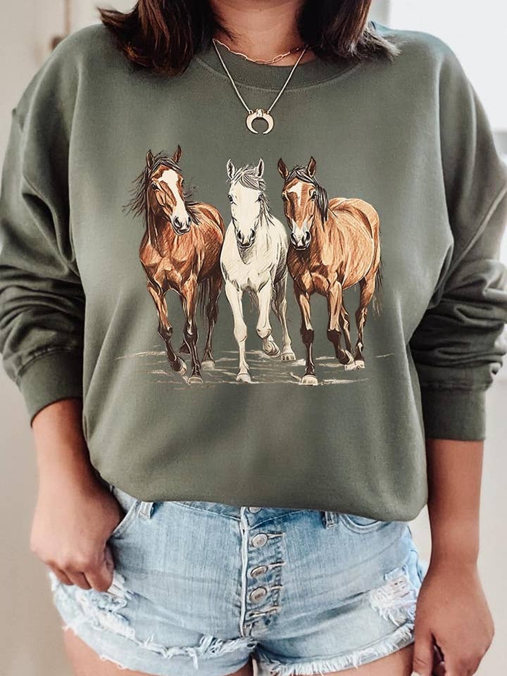Three Horses Western Graphic Sweatshirt for wholesale by COLORBEAR