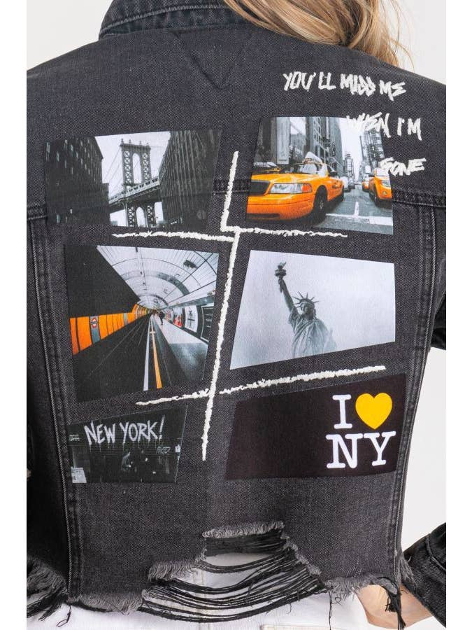 Trio Urban - Wholesale Denim Jacket - Women's - New York Collage (I ♥ NY) Crop Denim Jacket