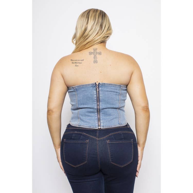 Medium Wash PLUS SIZE DENIM ZIP BACK CORSET TUBE TOP for wholesale on Faire1