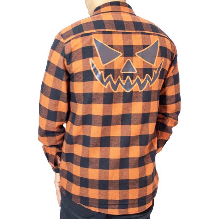 Trick Or Treat Pumpkin Orange Flannel Shirt for wholesale by Kreepsville