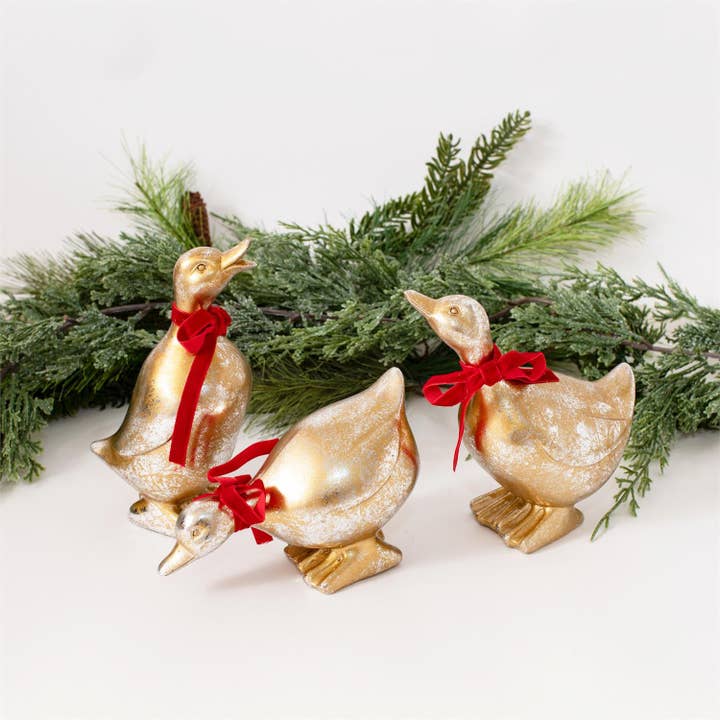 Gold Christmas Ducks With Red Bows (Pk/03 Ast) for wholesale by Audrey's Home & Gift