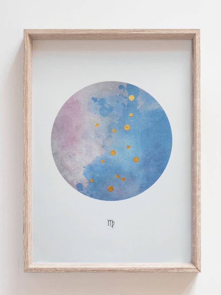 VIRGO Zodiac Constellation Art Print with Hand-Painted Gold Stars for wholesale by Angela Britton