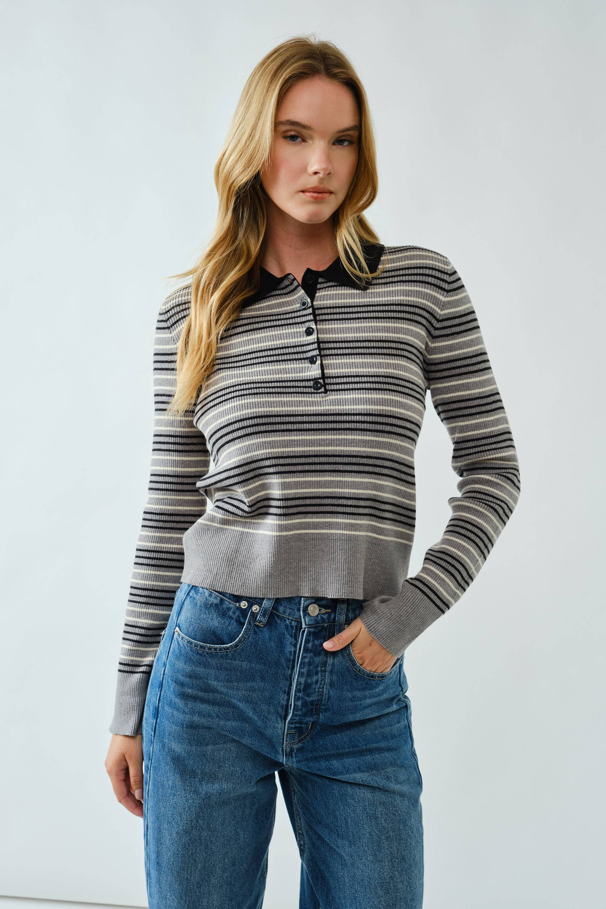 Aaron & Amber - Wholesale Polo - Women's - AJT5193 TIMELESS STRIPED POLO SWEATER TOP0