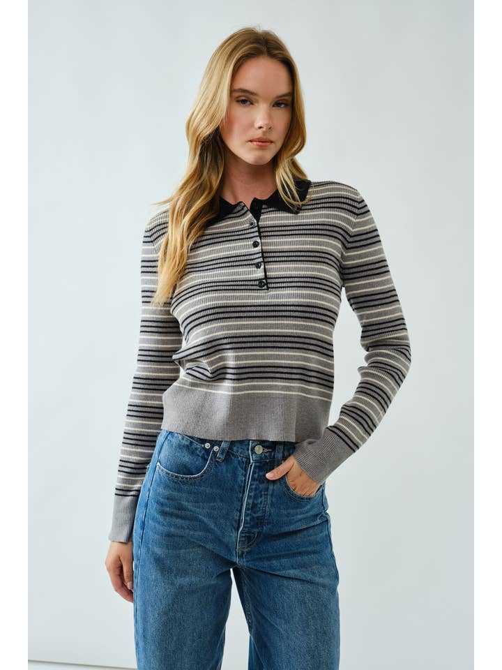 Aaron & Amber - Wholesale Polo - Women's - AJT5193 TIMELESS STRIPED POLO SWEATER TOP