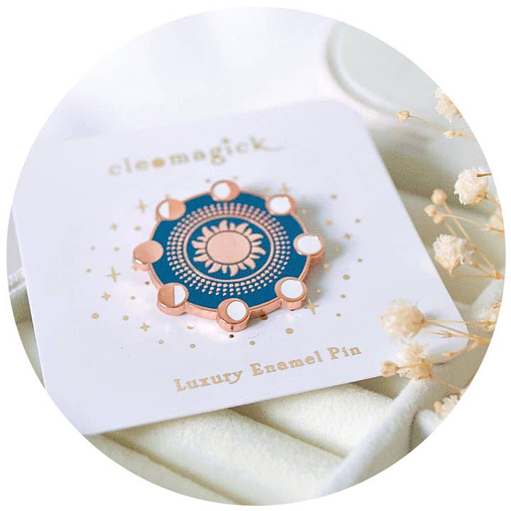 LUNAR PHASES ENAMEL PIN, BLUE & ROSE GOLD for wholesale by CLEOMAGICK