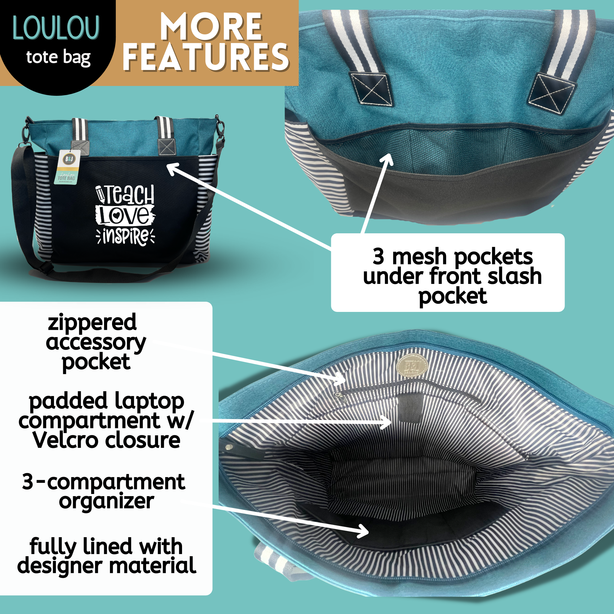 Brooke & Jess Designs – Sacola - Mulher por atacado – Saco de Compras para Professores - Vários estilos, tamanhos e cores13